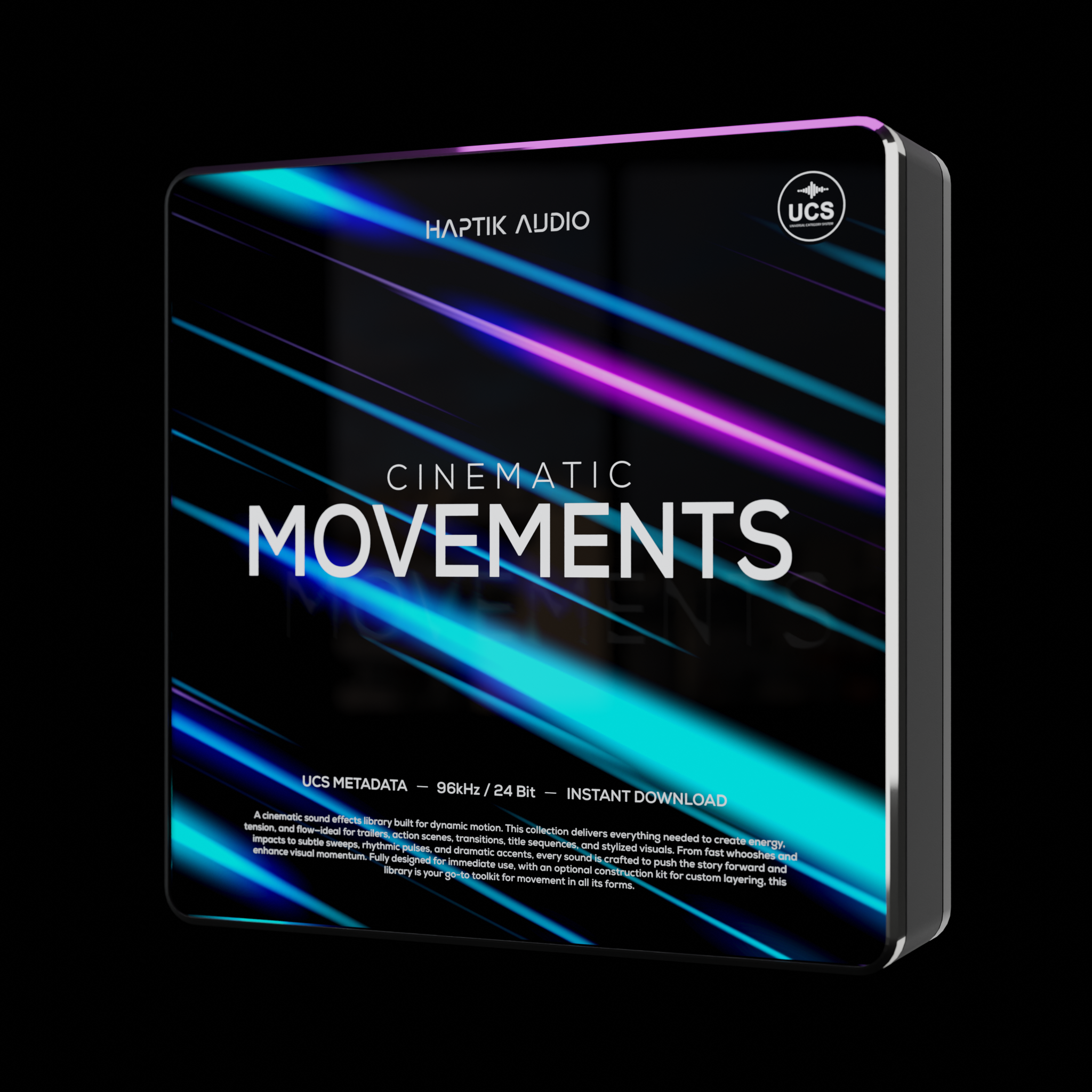 Haptik Audio 'Cinematic Movements' product packaging with colorful design on a black background